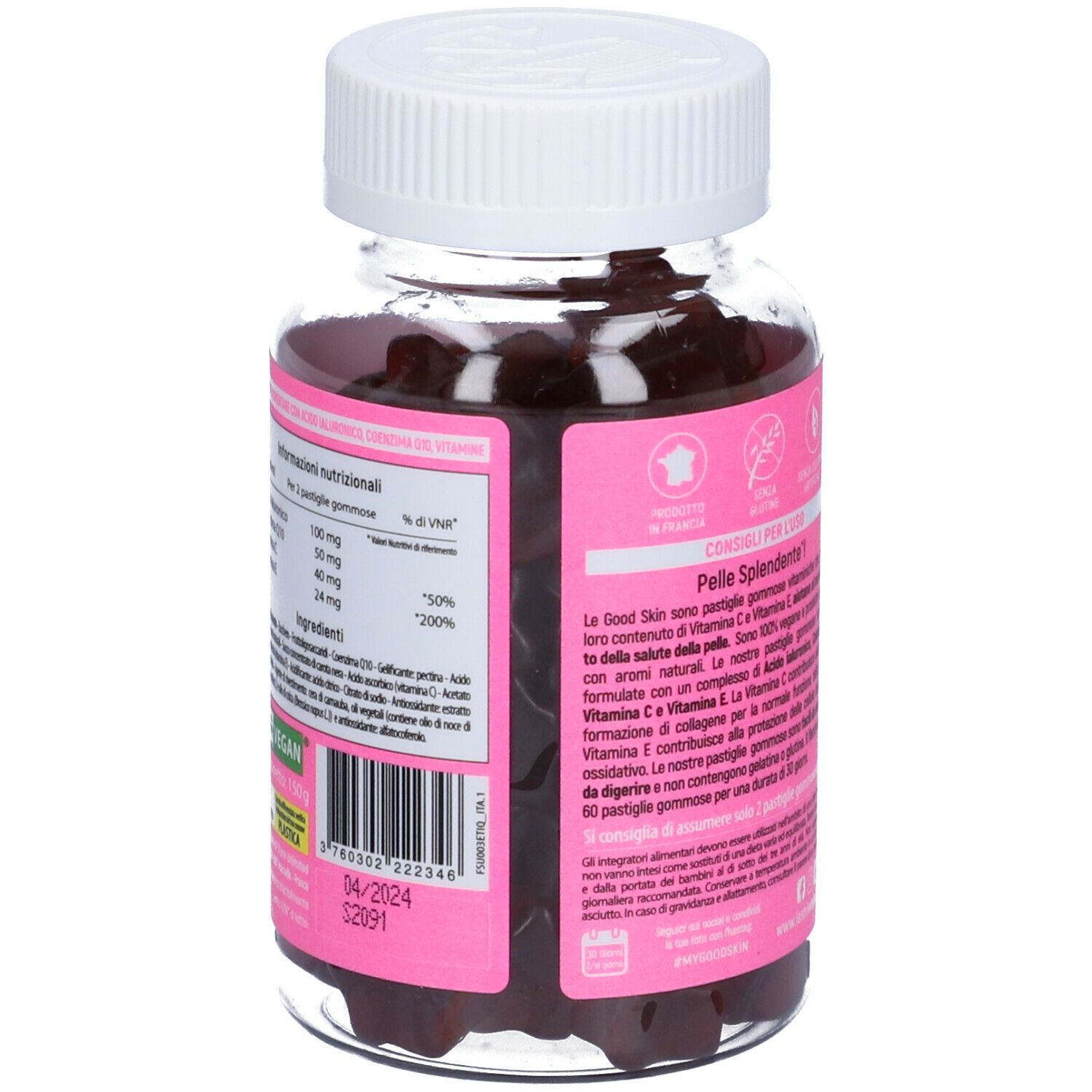 Retro del flacone del prodotto. Sfondo rosa con informazioni nutrizionali e lista ingredienti.