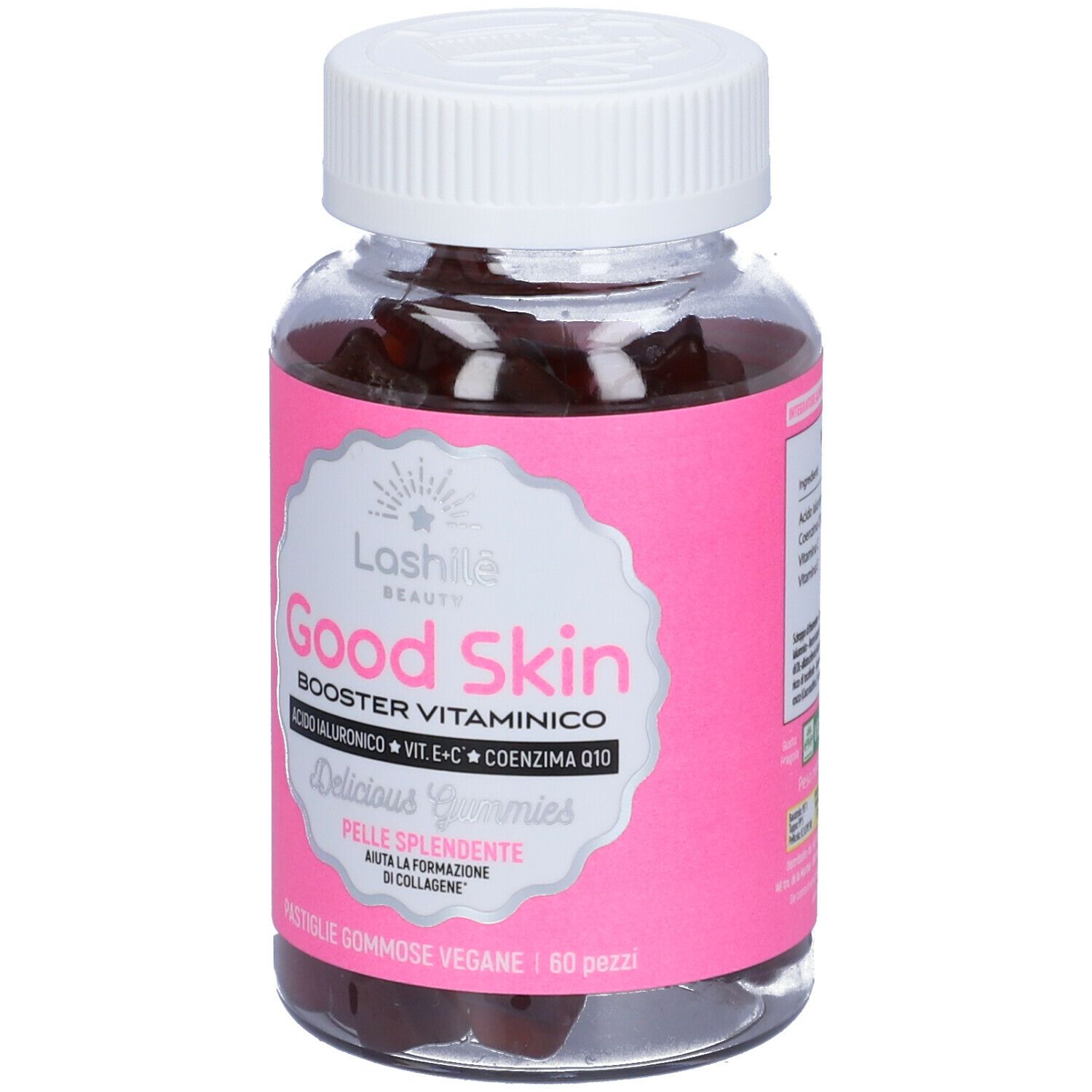Flacone di prodotto con caramelle gommose rosse. Etichetta rosa con testo Good Skin, Booster Vitaminico, Delicious Gummies.