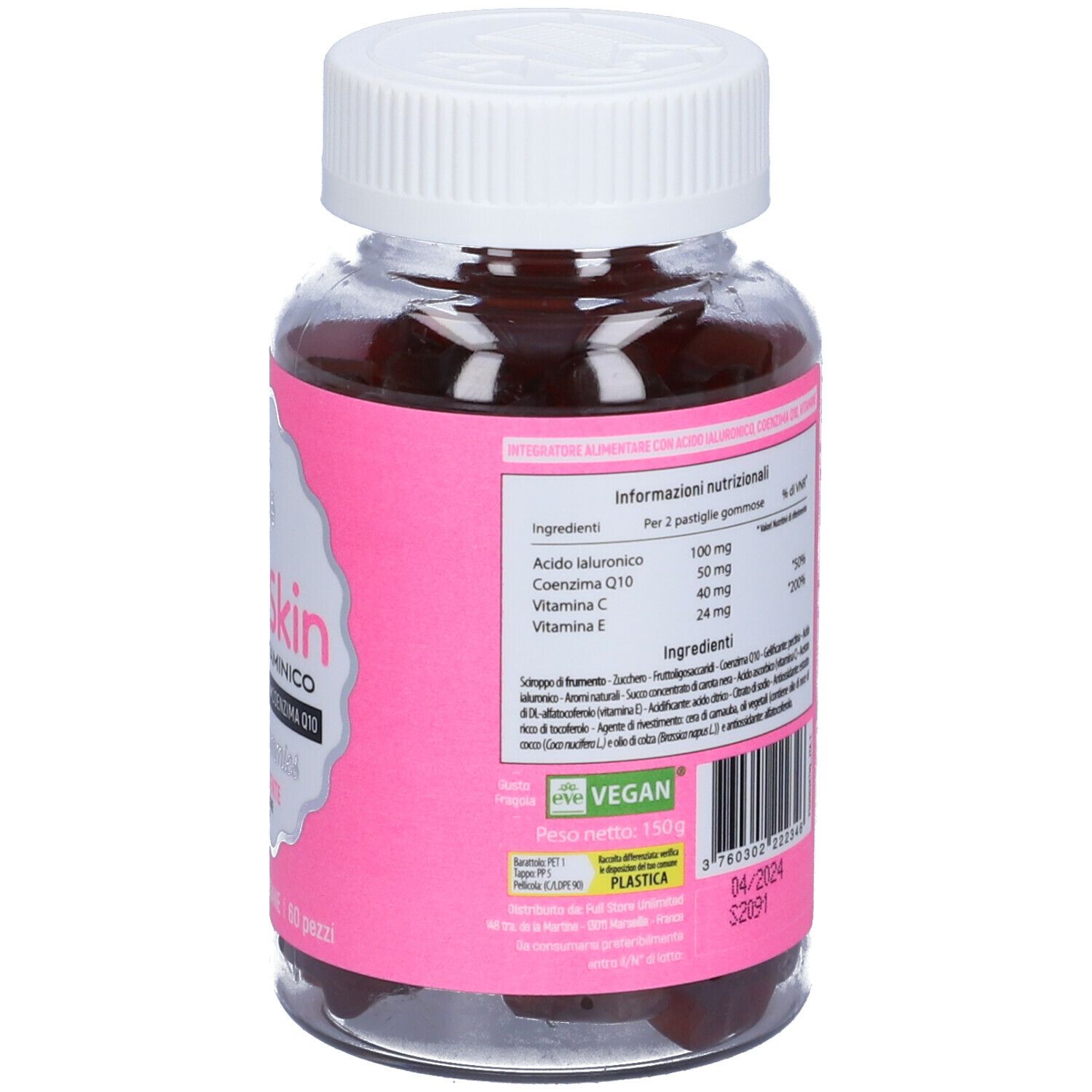 Retro del flacone del prodotto. Sfondo rosa con informazioni nutrizionali e lista ingredienti.