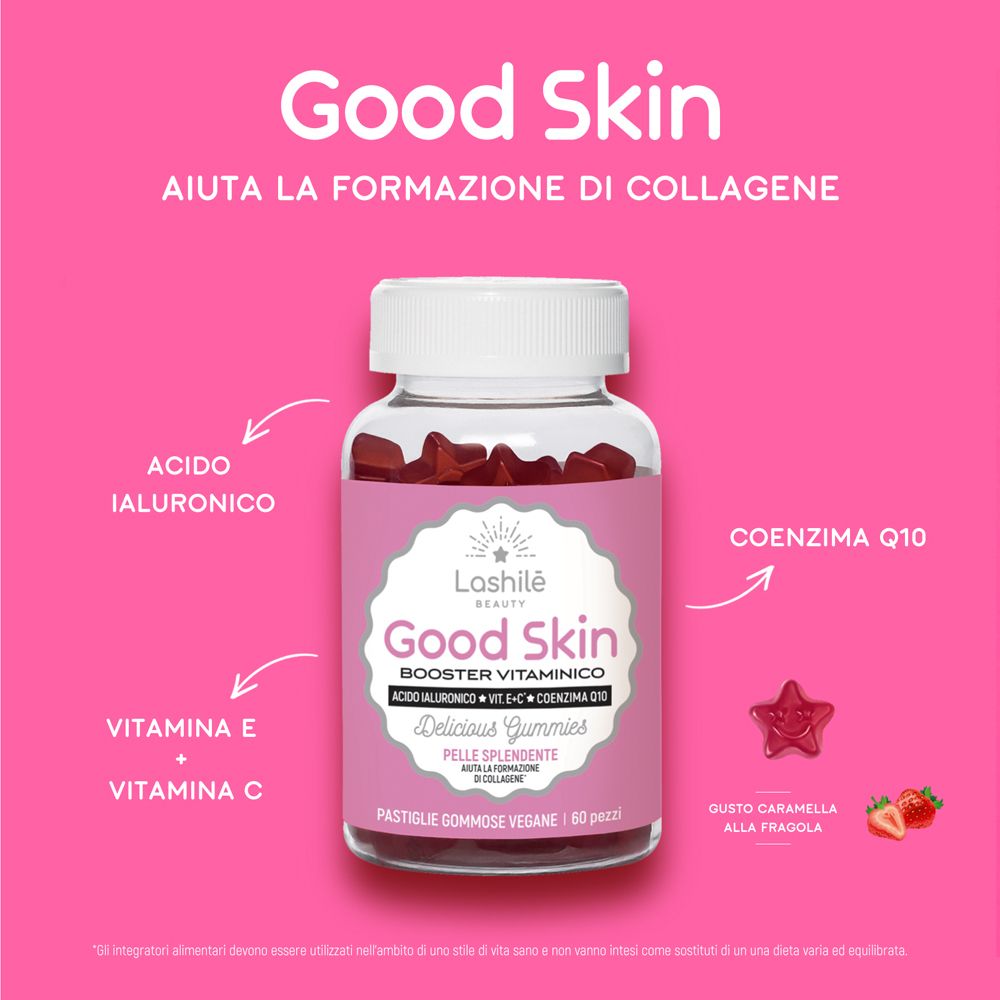 Flacone di prodotto con caramelle gommose rosse. Sfondo rosa con testo e frecce che evidenziano gli ingredienti.