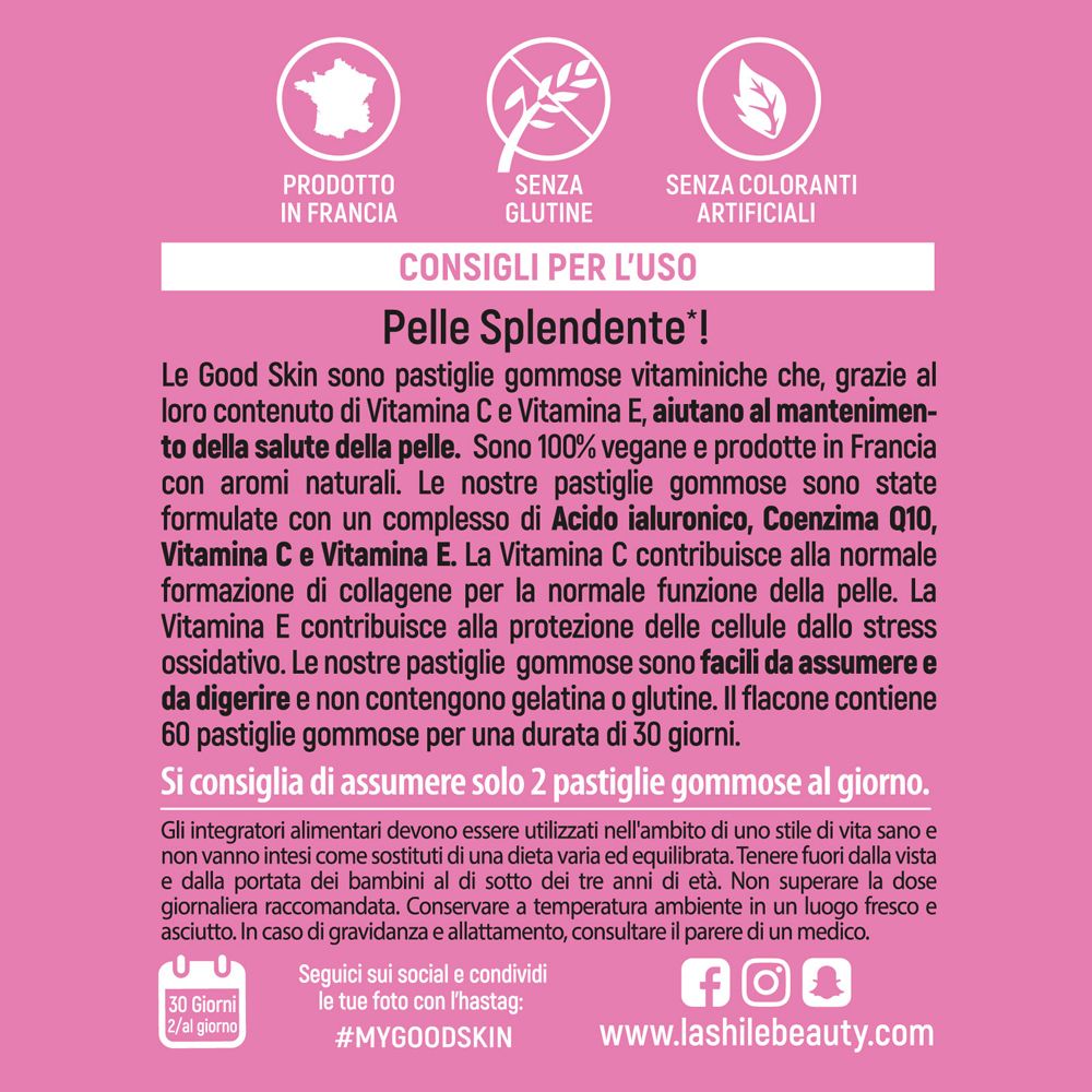 Retro del flacone del prodotto. Sfondo rosa con testo sugli ingredienti, l'uso e le certificazioni.