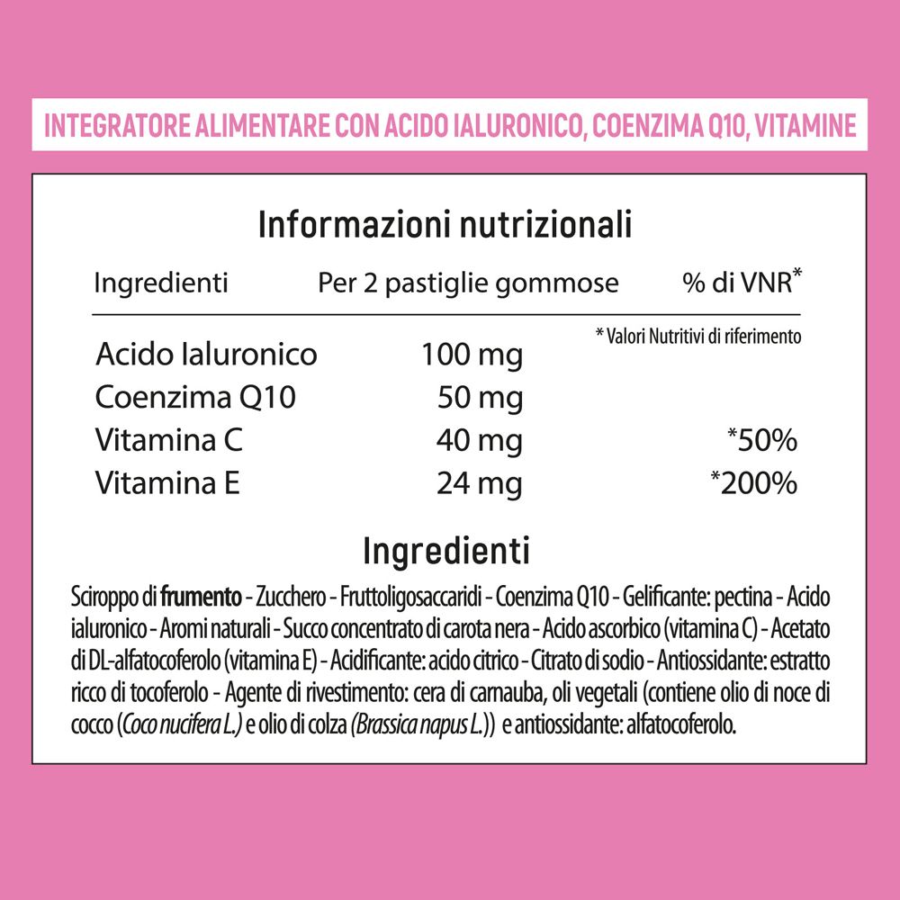 Sfondo rosa con informazioni nutrizionali e lista ingredienti. Testo: Integratore alimentare con Acido Ialuronico, Coenzima Q10, Vitamine.