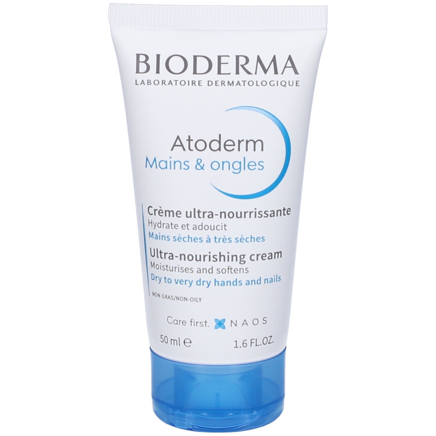 Tubo bianco e blu. Scritta: BIODERMA, Atoderm Mains & Ongles. Testo: Crème ultra-nourrissante, 50 ml.
