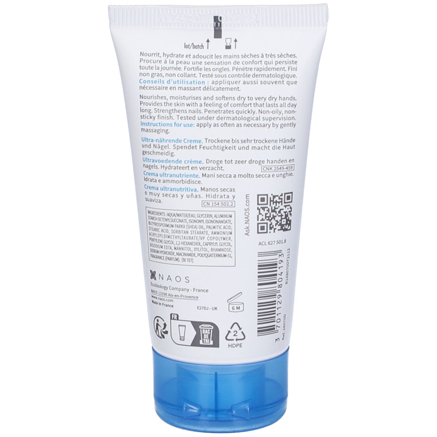 Retro di un tubo bianco e blu. Testo: Crema ultra-nutriente. Ingredienti, codice QR, 50 ml.