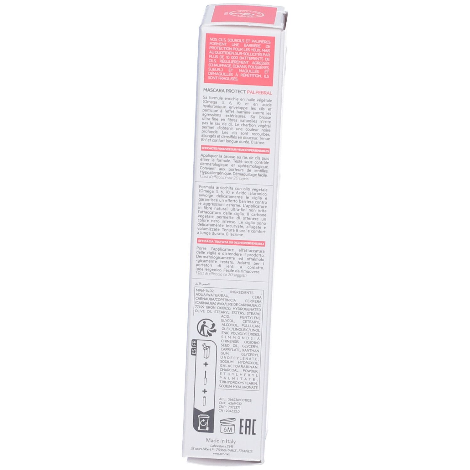 Verpackung für Mascara mit Produktinformationen und Inhaltsstoffen.