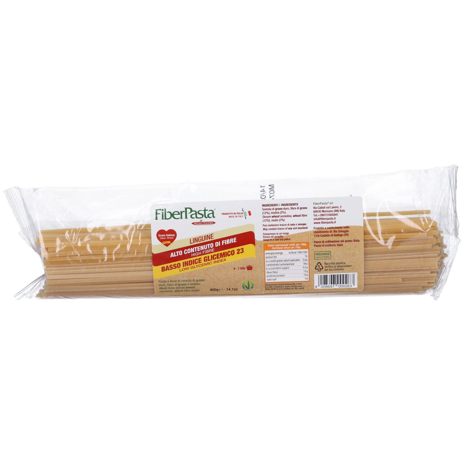 Fiberpasta Linguine in confezione trasparente. Scritte: Alto contenuto di fibre, Basso indice glicemico.
