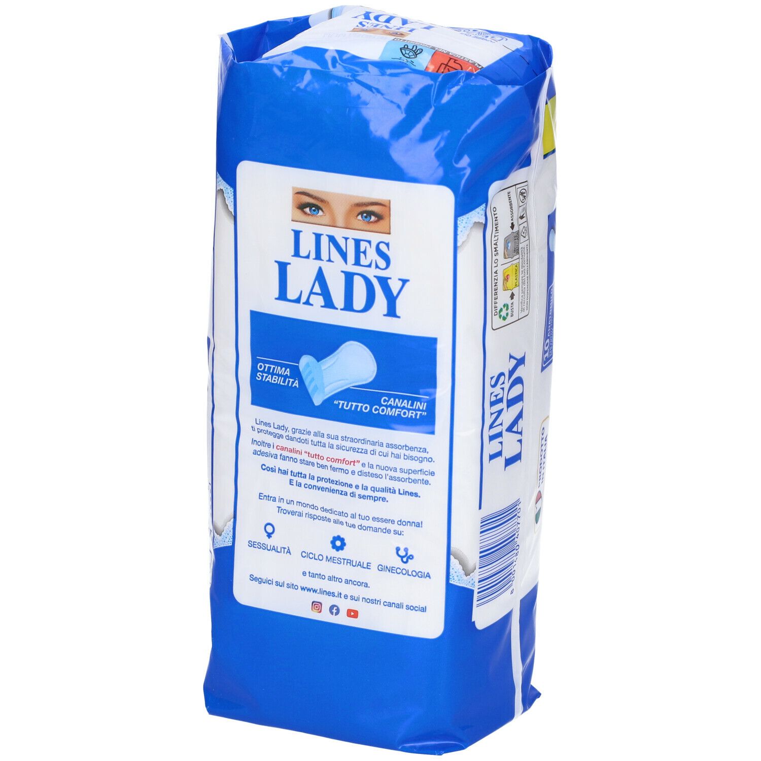 Retro confezione LINES Lady. Confezione blu e bianca, logo, testo e immagine occhi.
