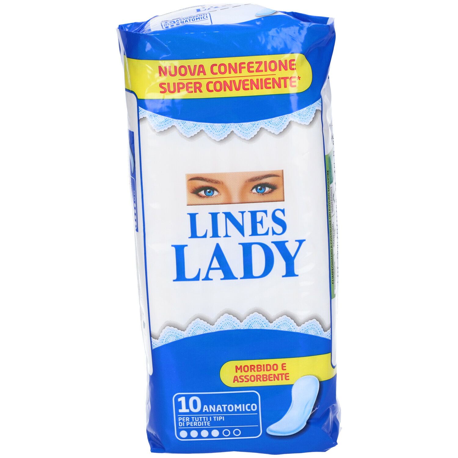 Confezione LINES Lady, 10 assorbenti anatomici. Confezione blu e bianca, logo e immagine occhi.