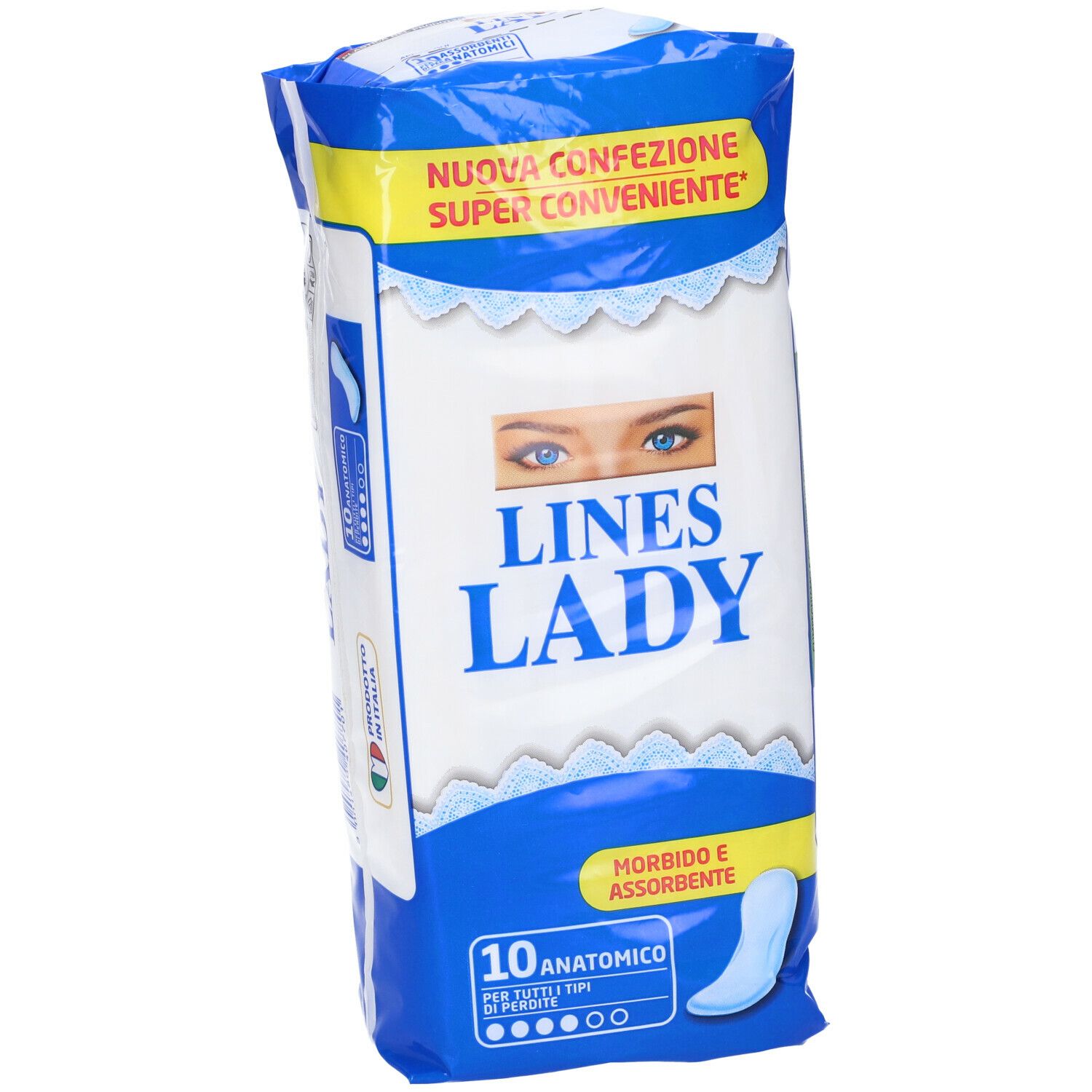 Confezione LINES Lady, 10 assorbenti anatomici. Confezione blu e bianca, logo e immagine occhi.