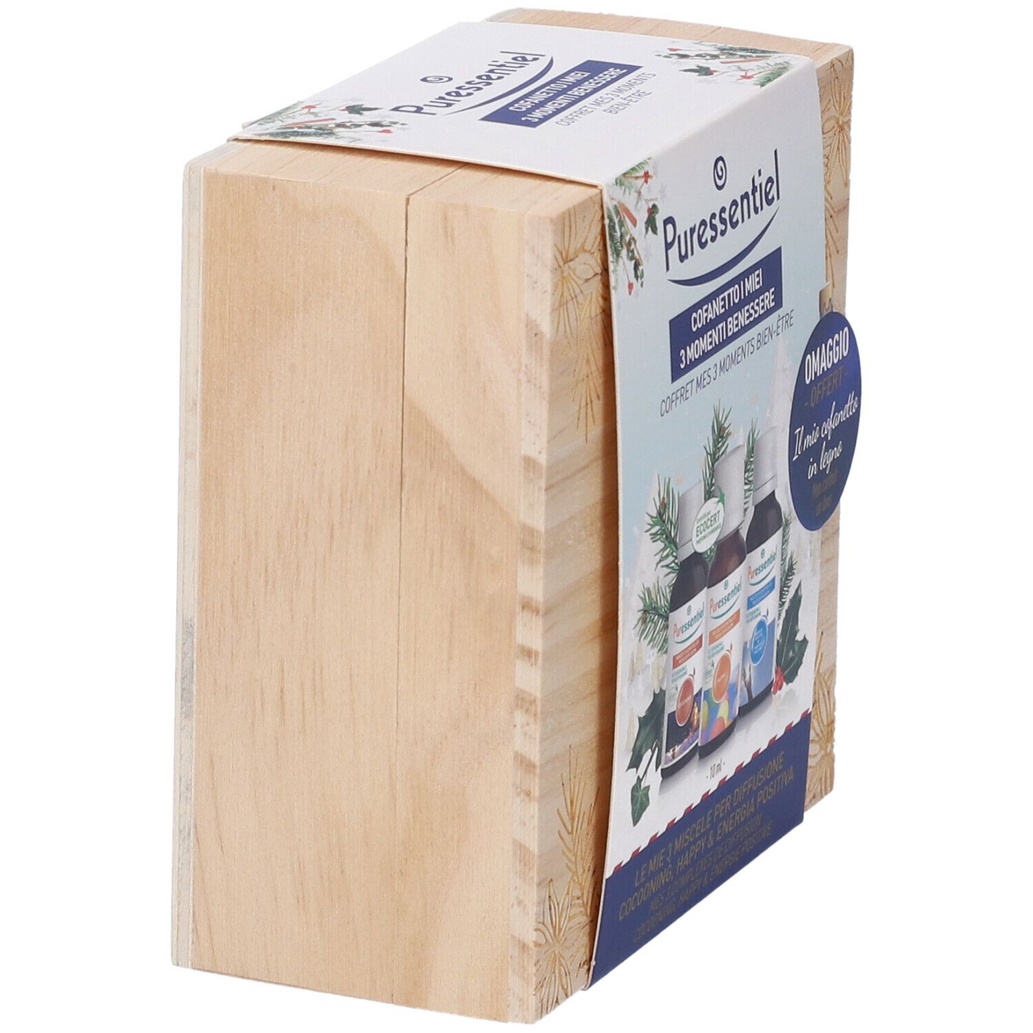 Scatola di legno, vista laterale. Confezione del prodotto parzialmente visibile. Scritta: Puressentiel, Cofanetto I miei 3 Momenti Benessere.