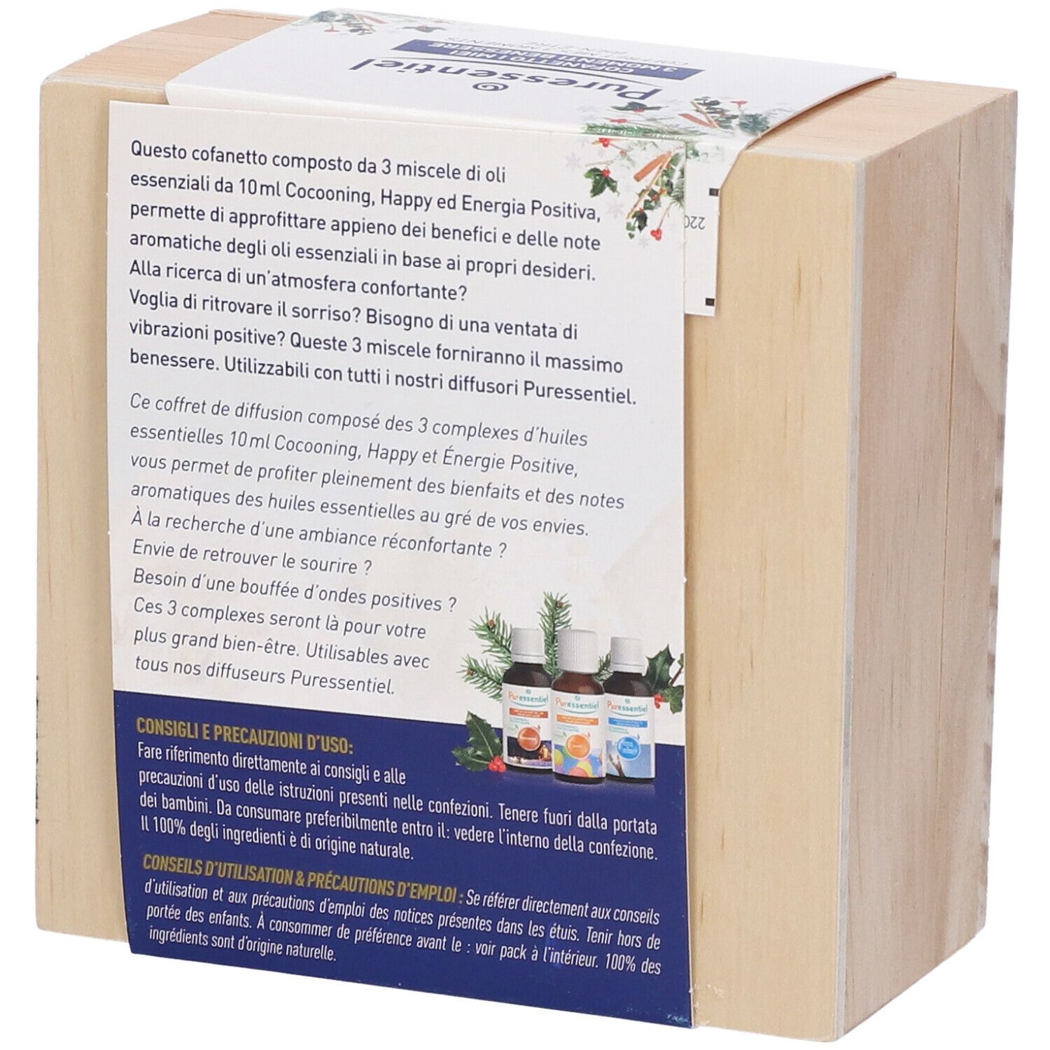 Retro della confezione del prodotto. Testo in italiano e francese. Scritta: Puressentiel, Cofanetto I miei 3 Momenti Benessere.