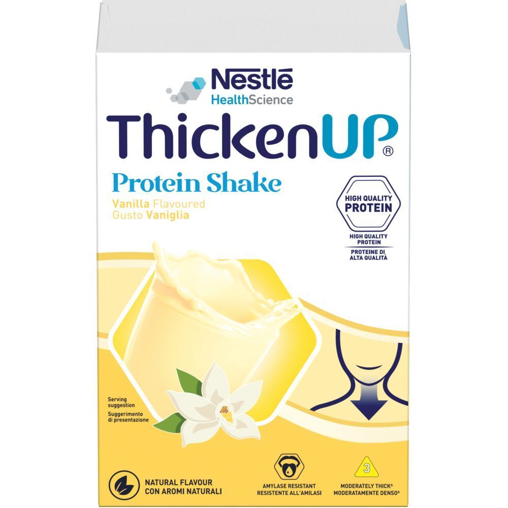 Confezione di ThickenUp Protein Shake. Principalmente bianca con accenti gialli. Contiene testo e un'immagine di vaniglia.
