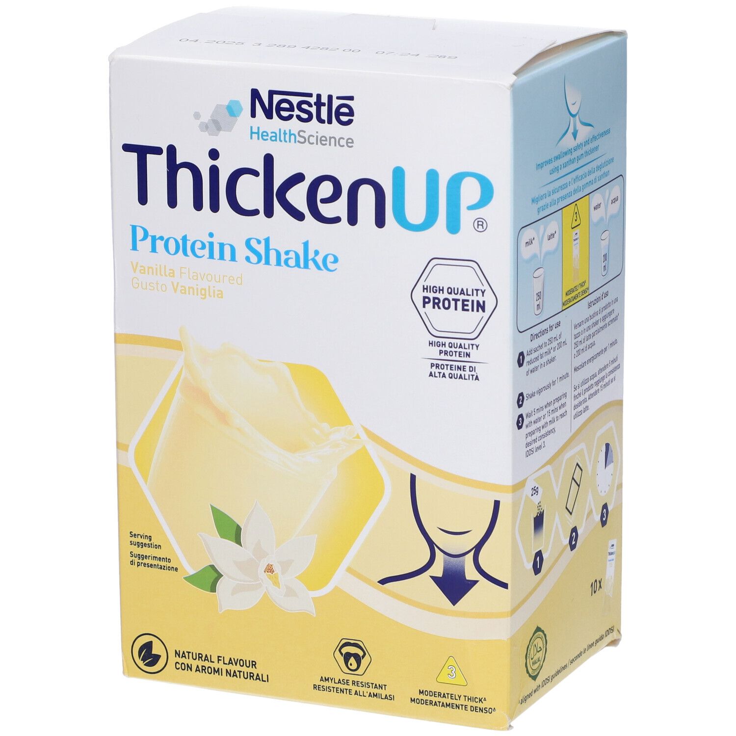 Confezione di ThickenUp Protein Shake. Bianca con accenti gialli. Contiene testo, un'immagine e una rappresentazione della confezione.