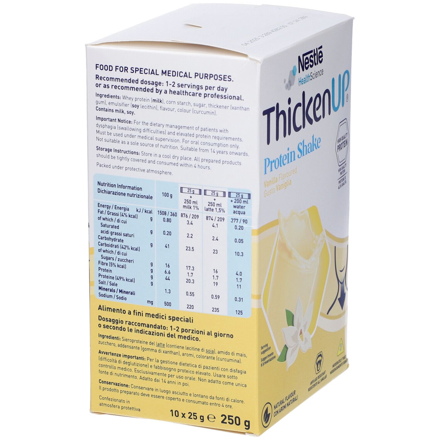 Confezione di ThickenUp Protein Shake. Contiene testo, informazioni nutrizionali e una rappresentazione della confezione.