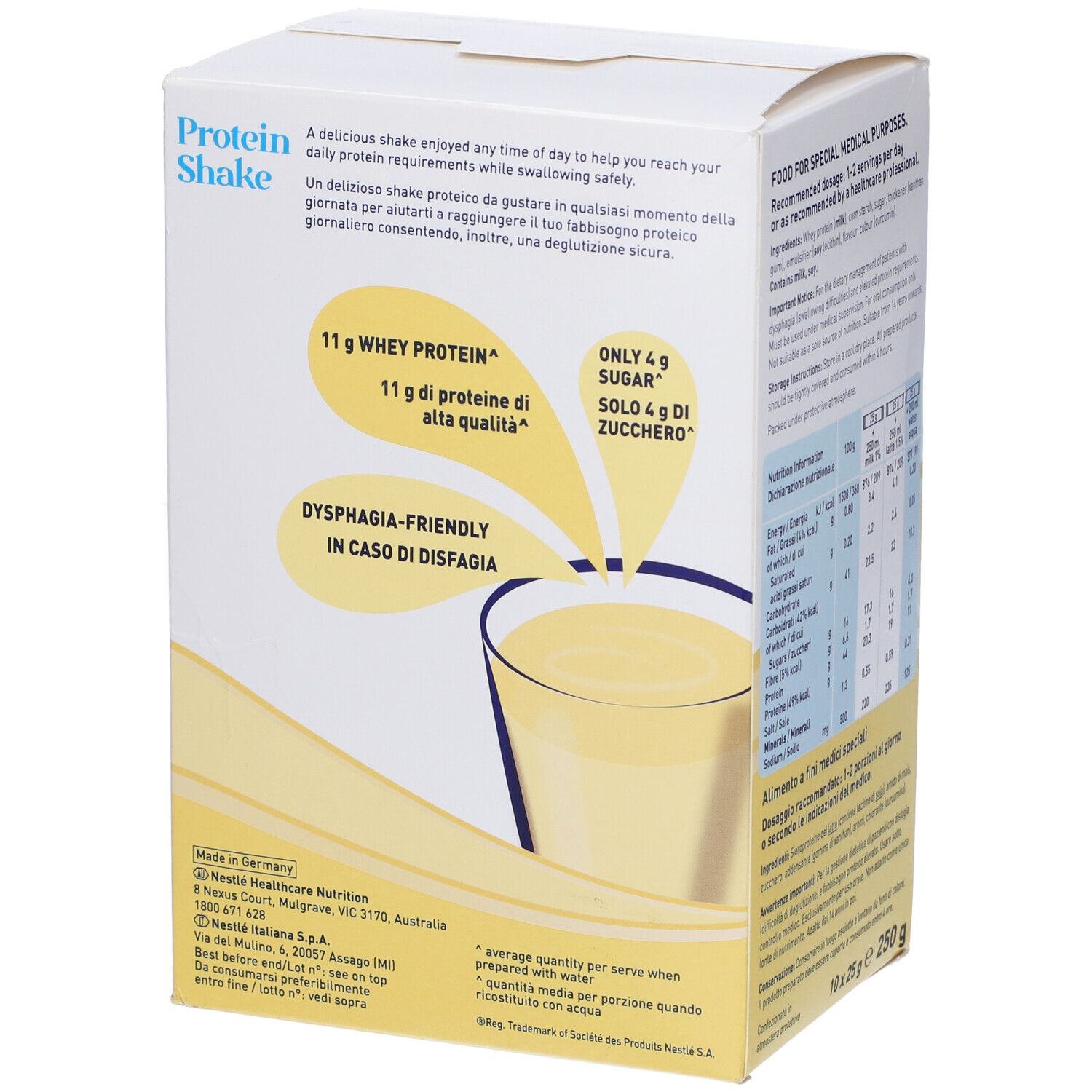 Retro della confezione di ThickenUp Protein Shake. Contiene testo, informazioni nutrizionali e una rappresentazione del prodotto.