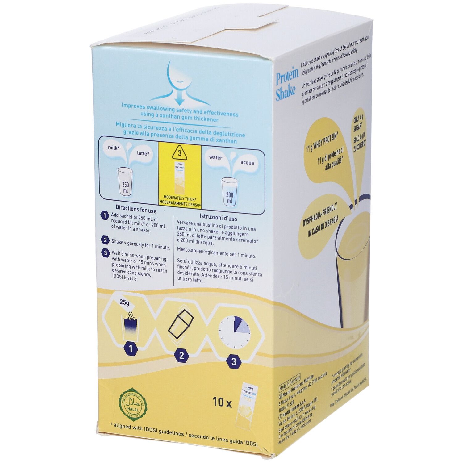 Retro della confezione di ThickenUp Protein Shake. Contiene testo, informazioni nutrizionali e una rappresentazione del prodotto.