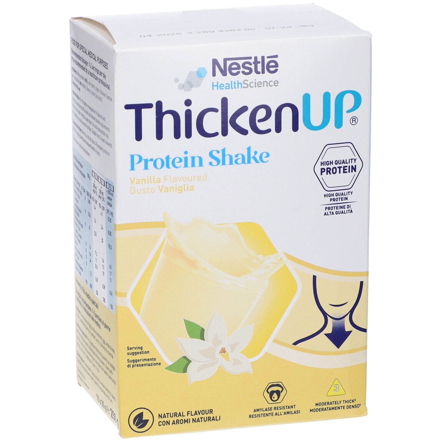 Confezione di ThickenUp Protein Shake. Principalmente bianca con accenti gialli. Contiene testo e un'immagine di vaniglia.
