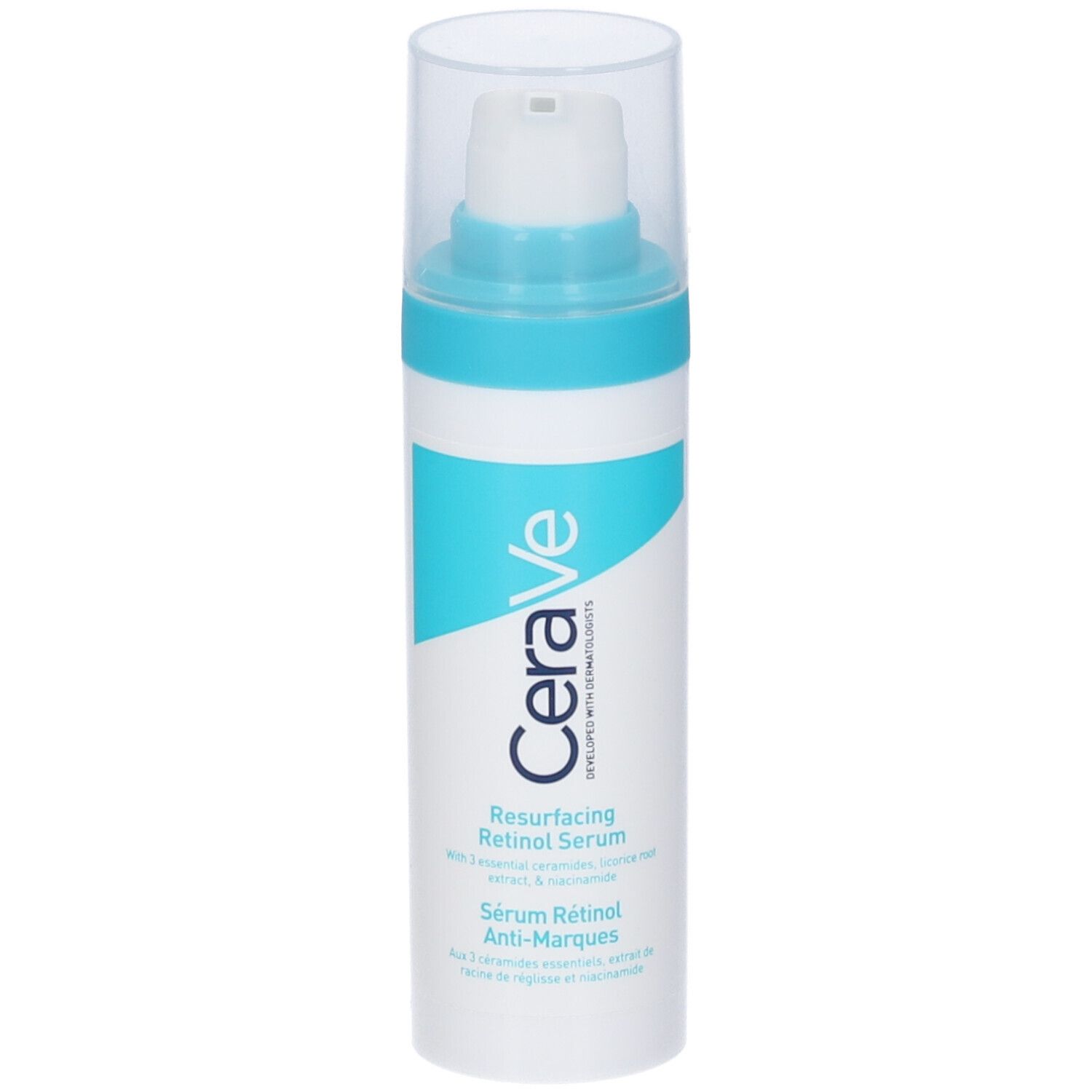 CeraVe Resurfacing Retinol Serum. Flacone bianco-azzurro con dosatore. Testo in inglese e francese.