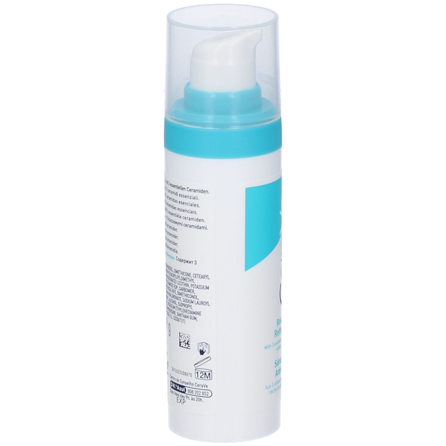 CeraVe Resurfacing Retinol Serum. Flacone, retro. Testo multilingue, ingredienti.