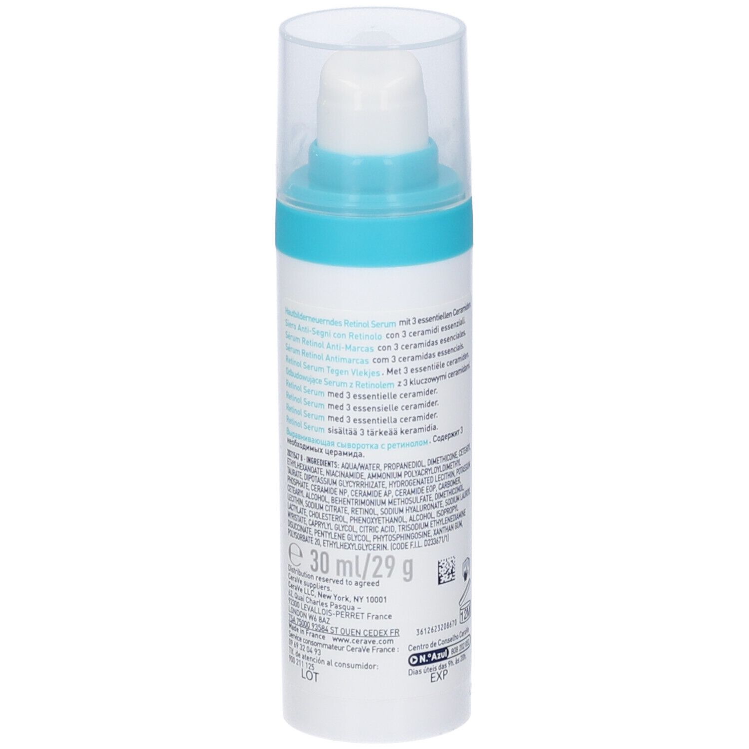 CeraVe Resurfacing Retinol Serum. Flacone, retro. Testo multilingue, ingredienti, 30 ml.