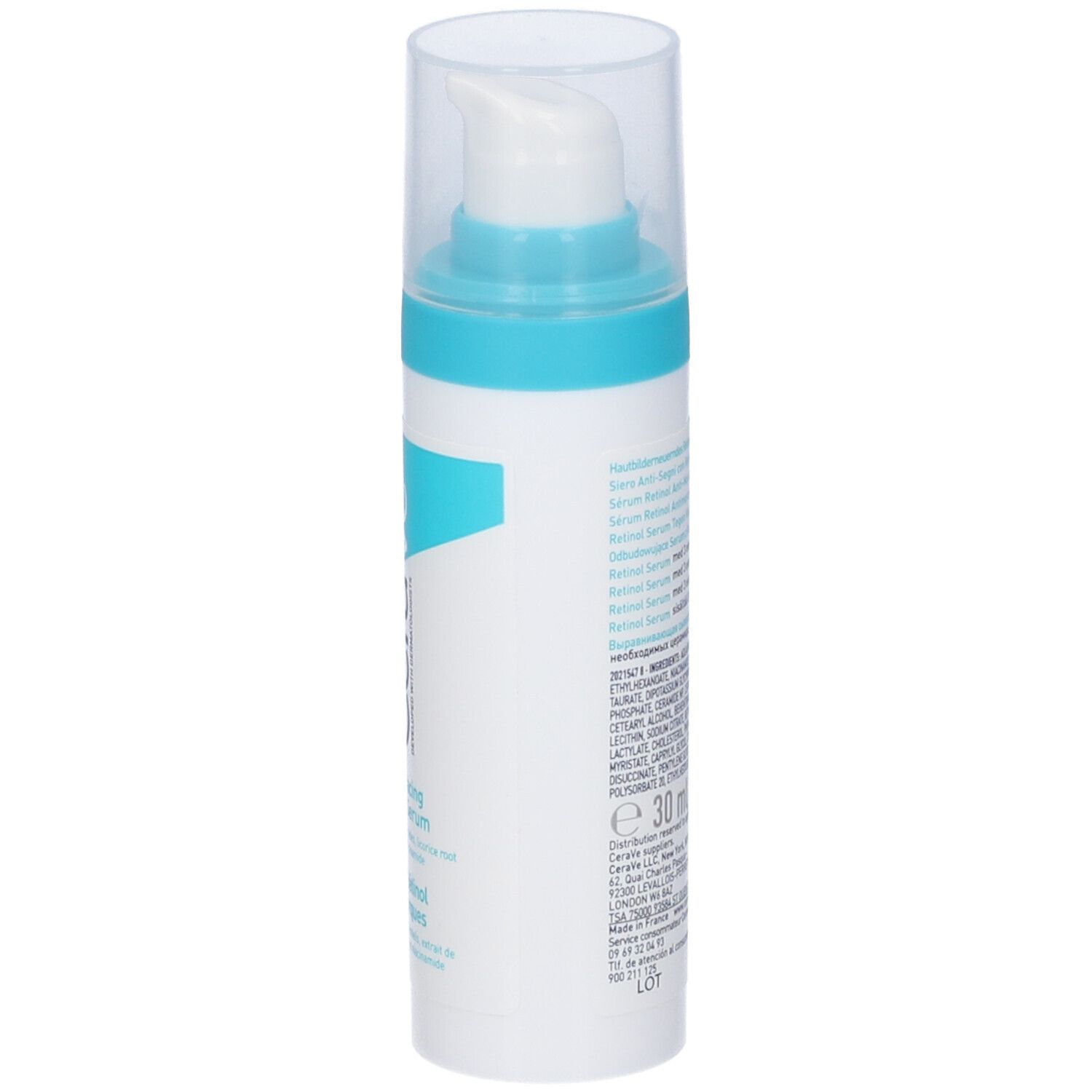 CeraVe Resurfacing Retinol Serum. Flacone, retro. Testo multilingue, 30 ml.
