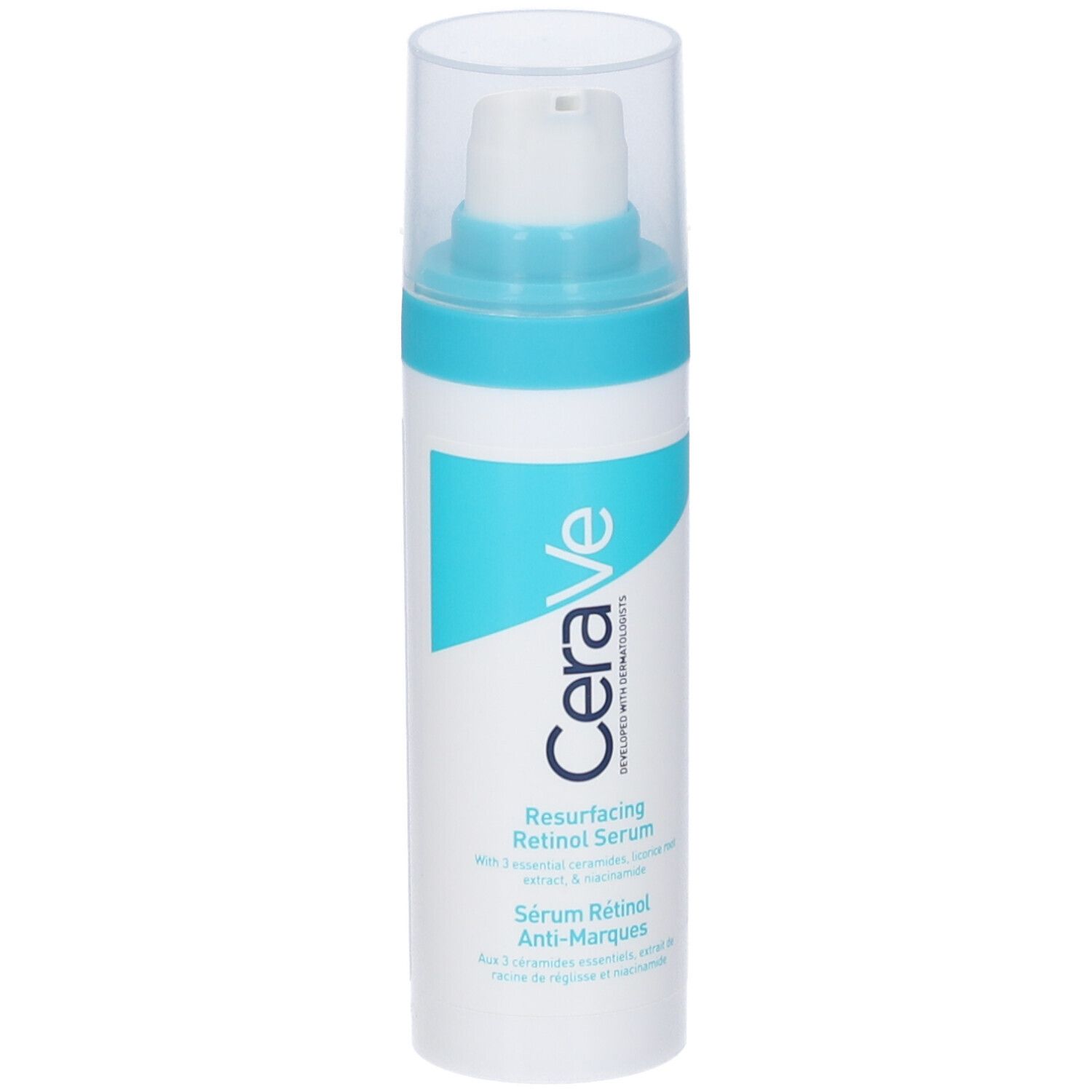 CeraVe Resurfacing Retinol Serum. Flacone, fronte. Testo in inglese e francese.