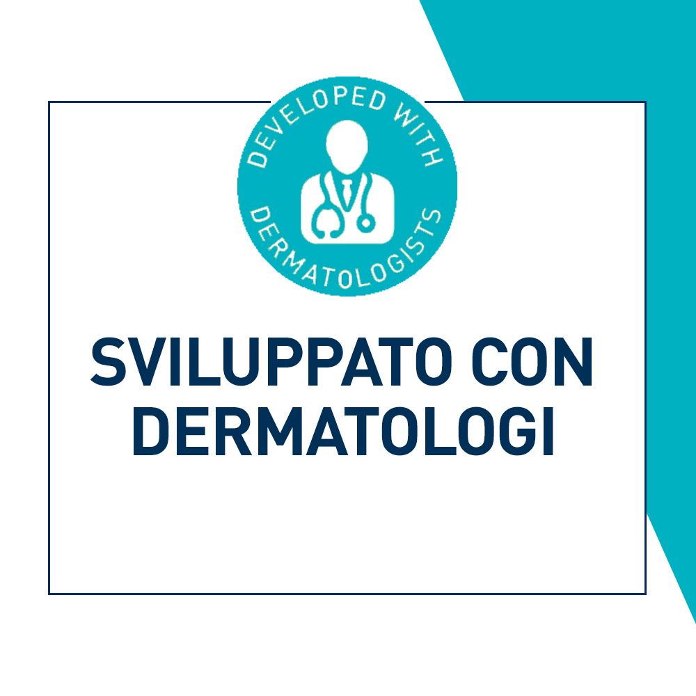 Logo: Sviluppato con dermatologi. Testo in italiano.
