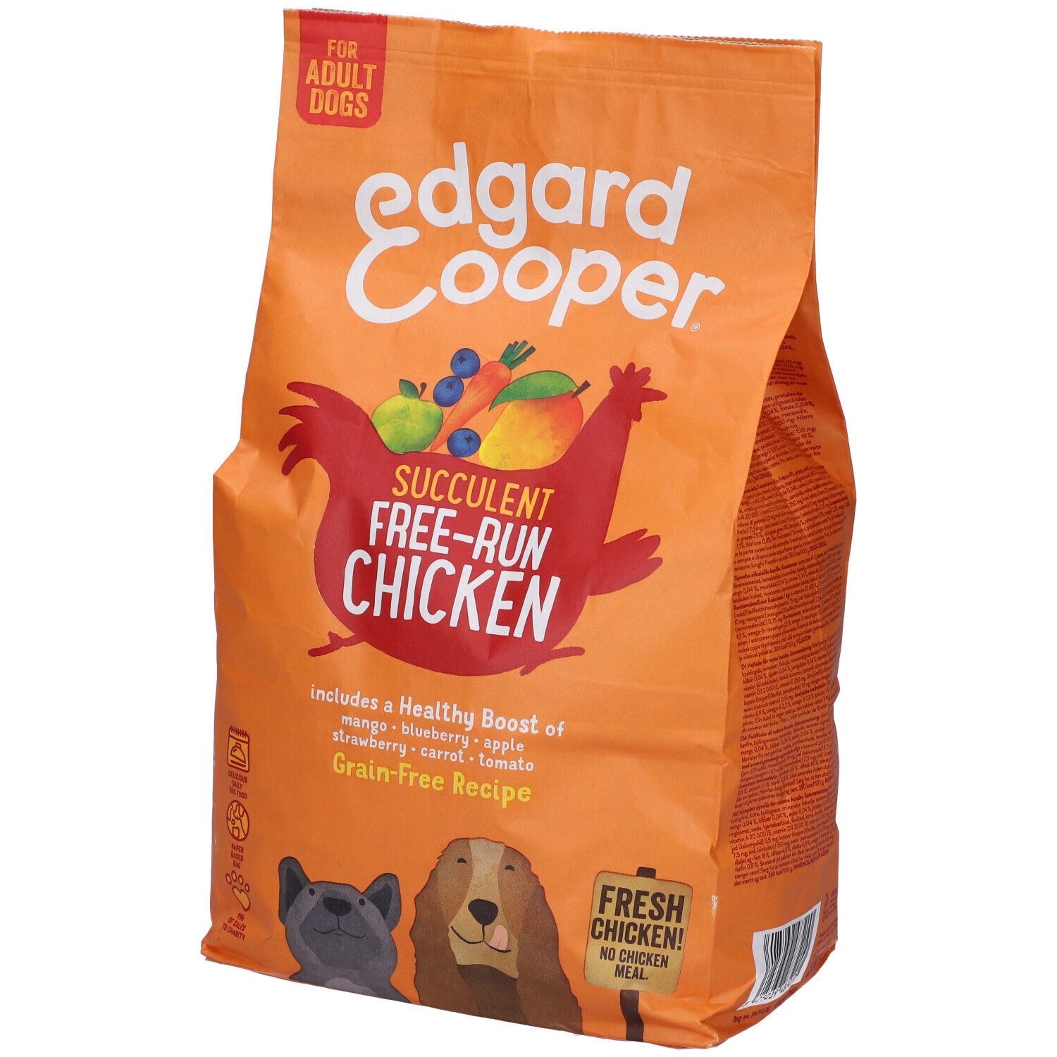 Sacchetto arancione di cibo per cani. Scritta: Edgard & Cooper, Succulent Free-Run Chicken. Contiene frutta e verdura. Per cani adulti.