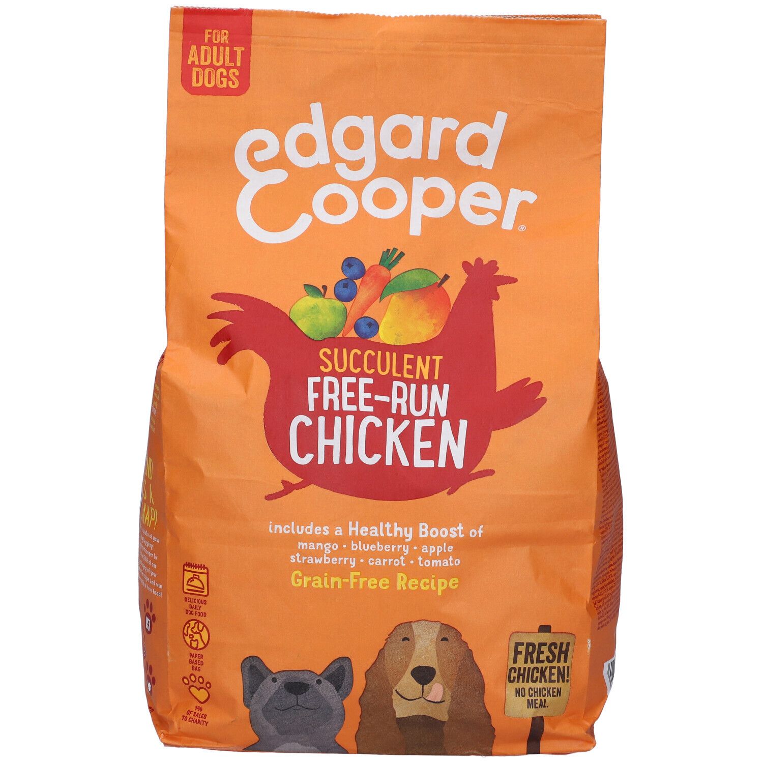 Sacchetto arancione di cibo per cani. Scritta: Edgard & Cooper, Succulent Free-Run Chicken. Contiene frutta e verdura. Per cani adulti.