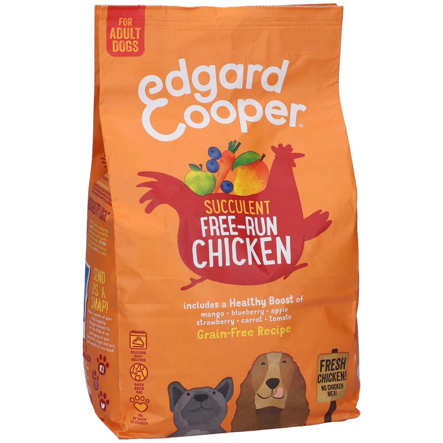 Sacchetto arancione di cibo per cani. Scritta: Edgard & Cooper, Succulent Free-Run Chicken. Contiene frutta e verdura. Per cani adulti.