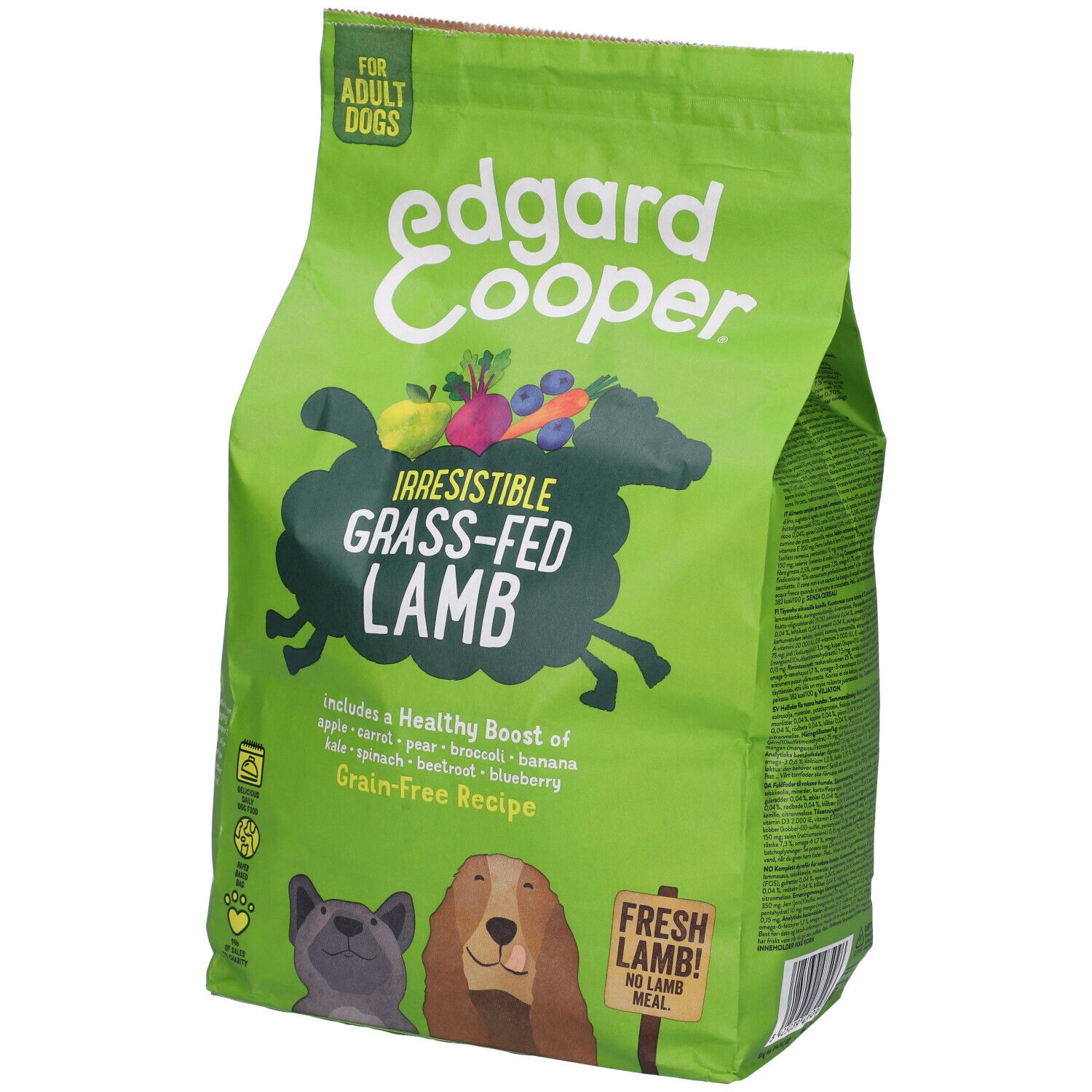 Sacchetto verde di cibo per cani. Scritta: Edgard & Cooper, Irresistible Grass-Fed Lamb. Contiene verdure e frutta.