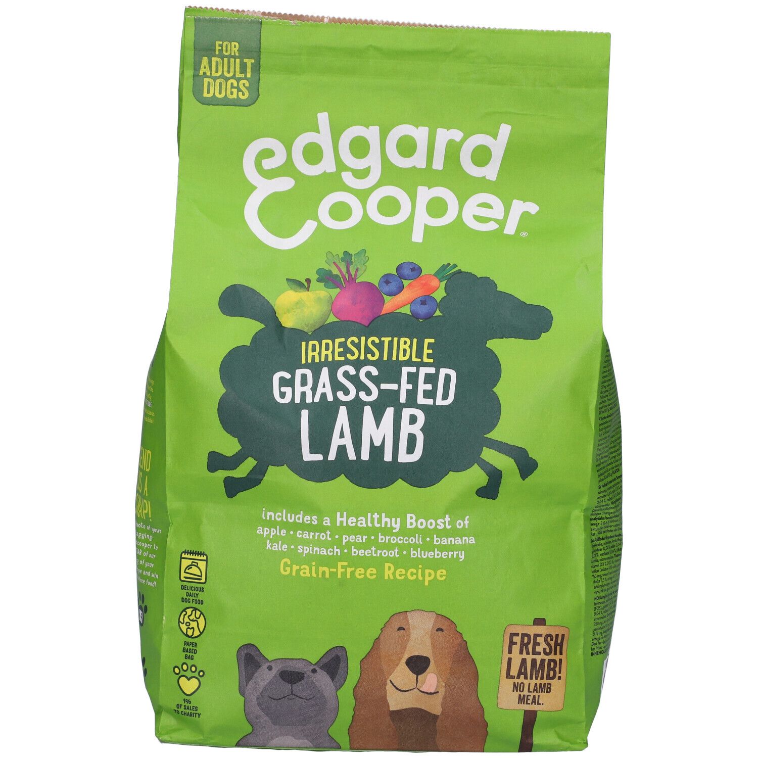 Sacchetto verde di cibo per cani. Scritta: Edgard & Cooper, Irresistible Grass-Fed Lamb. Contiene verdure e frutta.
