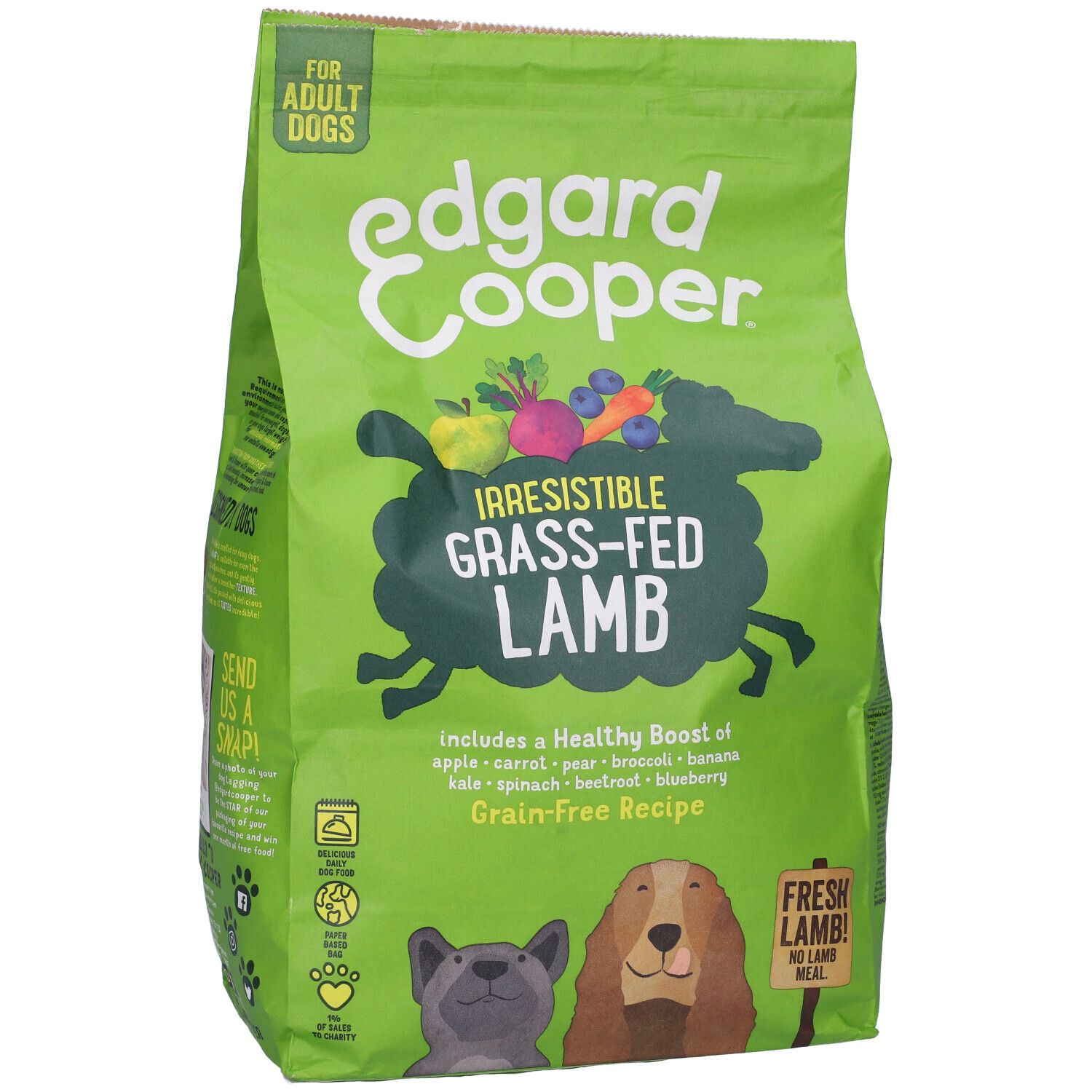 Sacchetto verde di cibo per cani. Scritta: Edgard & Cooper, Irresistible Grass-Fed Lamb. Contiene verdure e frutta.