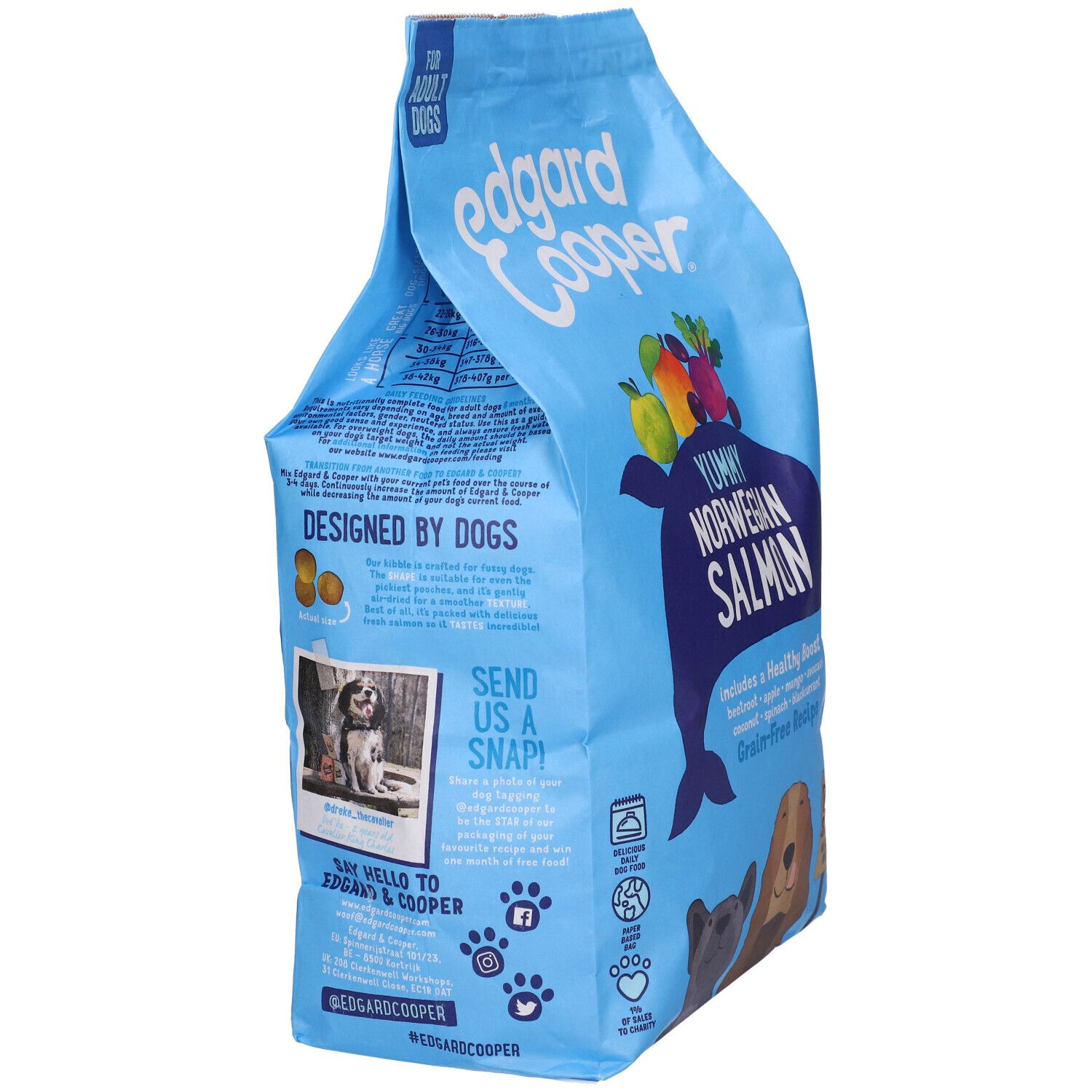 Confezione blu "Edgard & Cooper" per cani, "Yummy Norwegian Salmon". Vista laterale con logo, illustrazioni e testo.