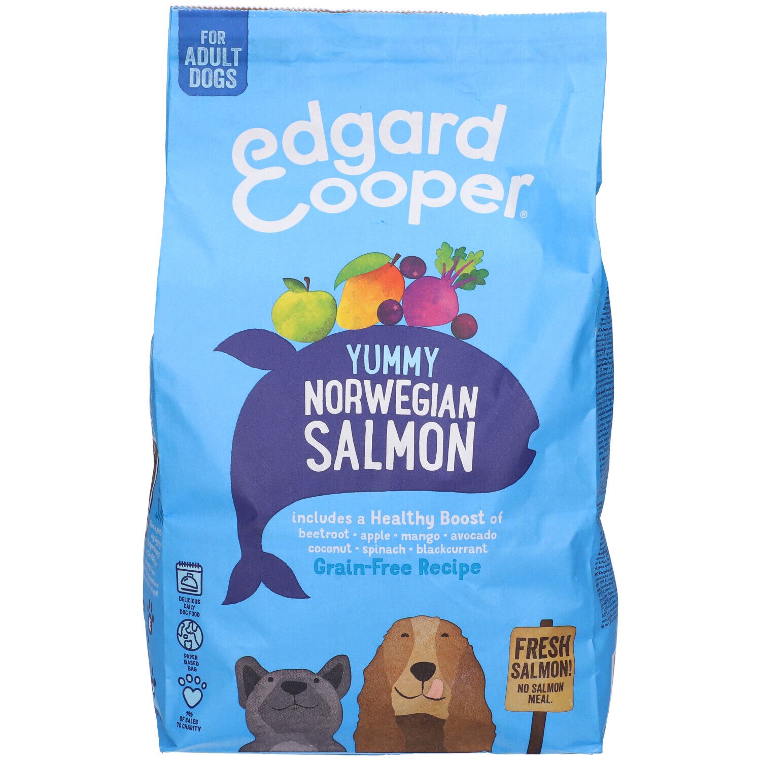 Confezione blu "Edgard & Cooper" per cani, "Yummy Norwegian Salmon". Illustrazioni di pesce, frutta e verdura.