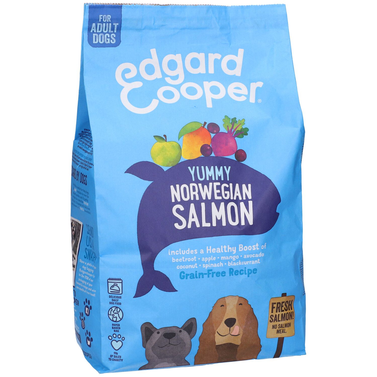 Confezione blu "Edgard & Cooper" per cani, "Yummy Norwegian Salmon". Illustrazioni di pesce, frutta e verdura.