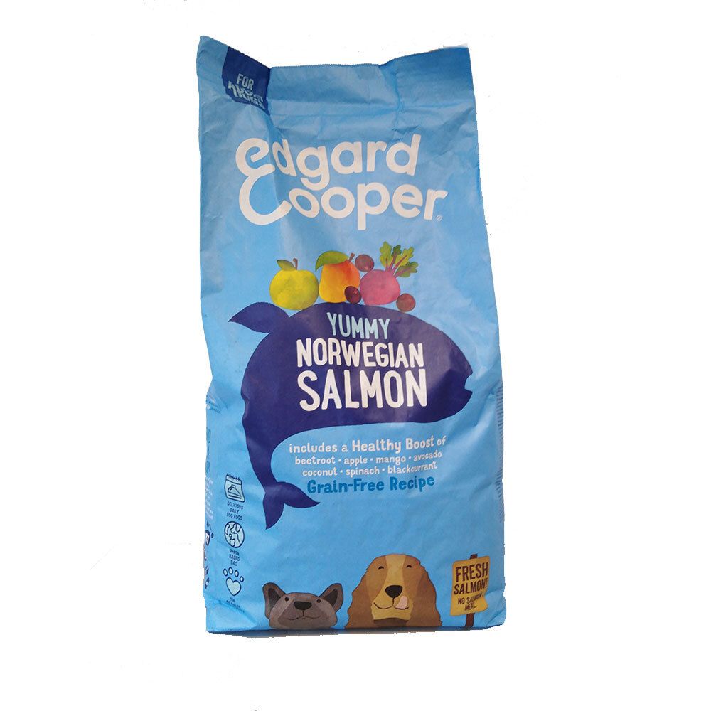 Sacco blu chiaro Edgard & Cooper. Contiene Yummy Norwegian Salmon. Illustrazione di frutta, verdura e pesce.