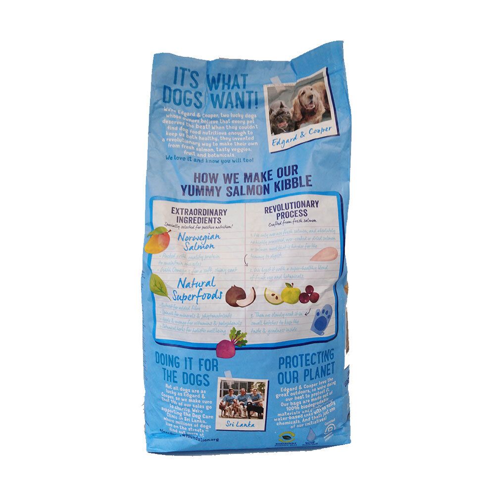 Retro del sacco blu chiaro. Testo: It's what dogs want! Contiene informazioni sugli ingredienti e la produzione.