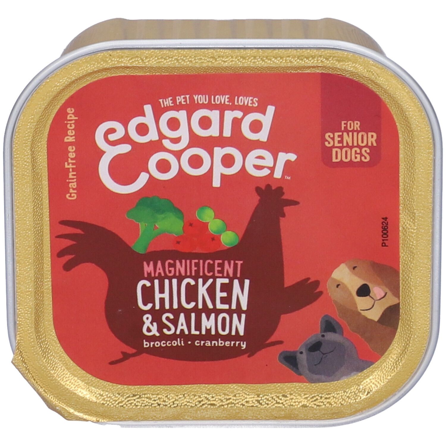 Scatoletta di cibo per cani Edgard Cooper, Chicken & Salmon, per anziani. Etichetta rossa con illustrazione di pollo e testo.