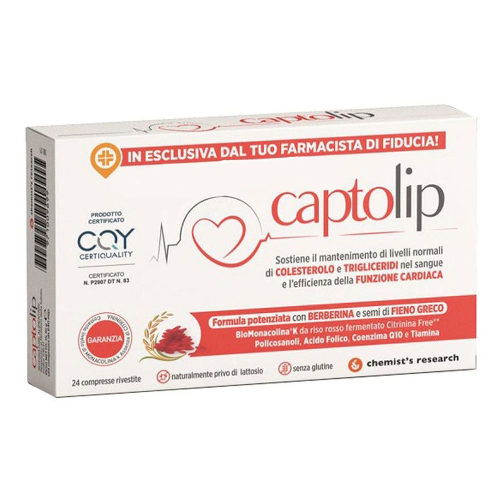 Scatola bianca "captolip" con 24 compresse. Certificata CQY. Scritta "In esclusiva dal tuo farmacista di fiducia!"