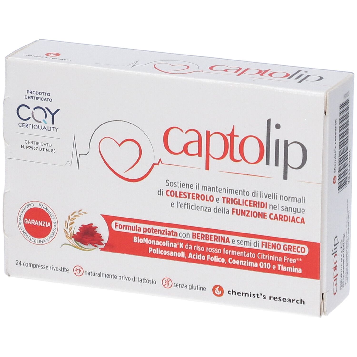 Scatola bianca "captolip" con 24 compresse. Certificata. Vista ravvicinata.