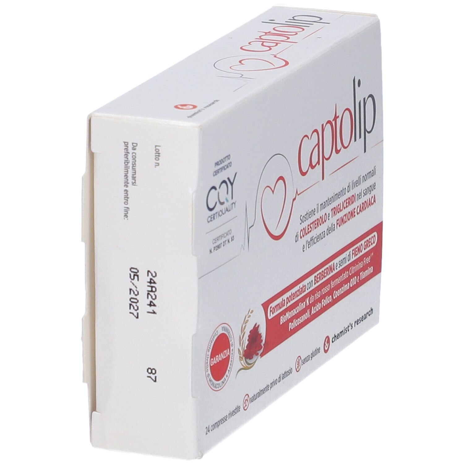 Scatola bianca "captolip" con 24 compresse. Certificata. Vista laterale.