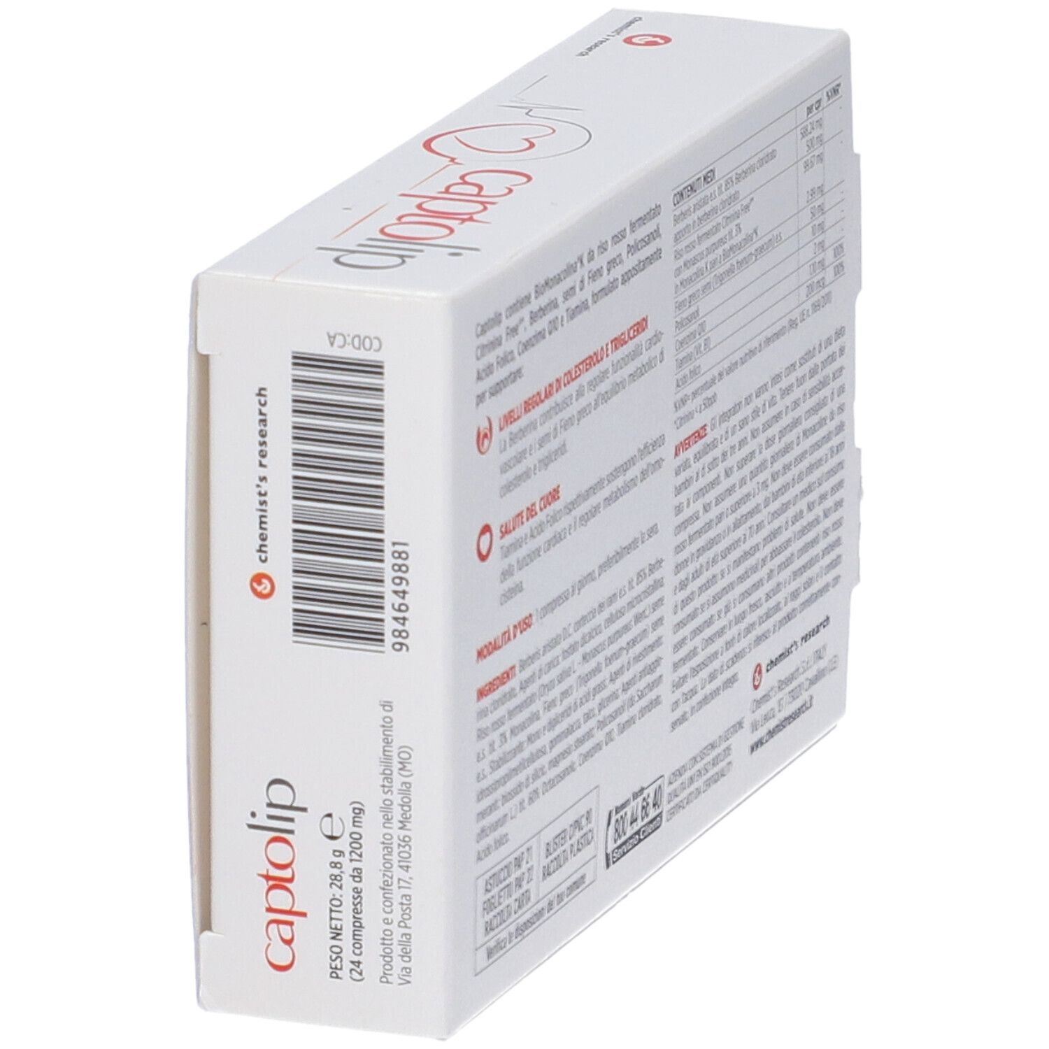 Scatola "captolip" con 24 compresse. Vista laterale con codice a barre e info produttore.