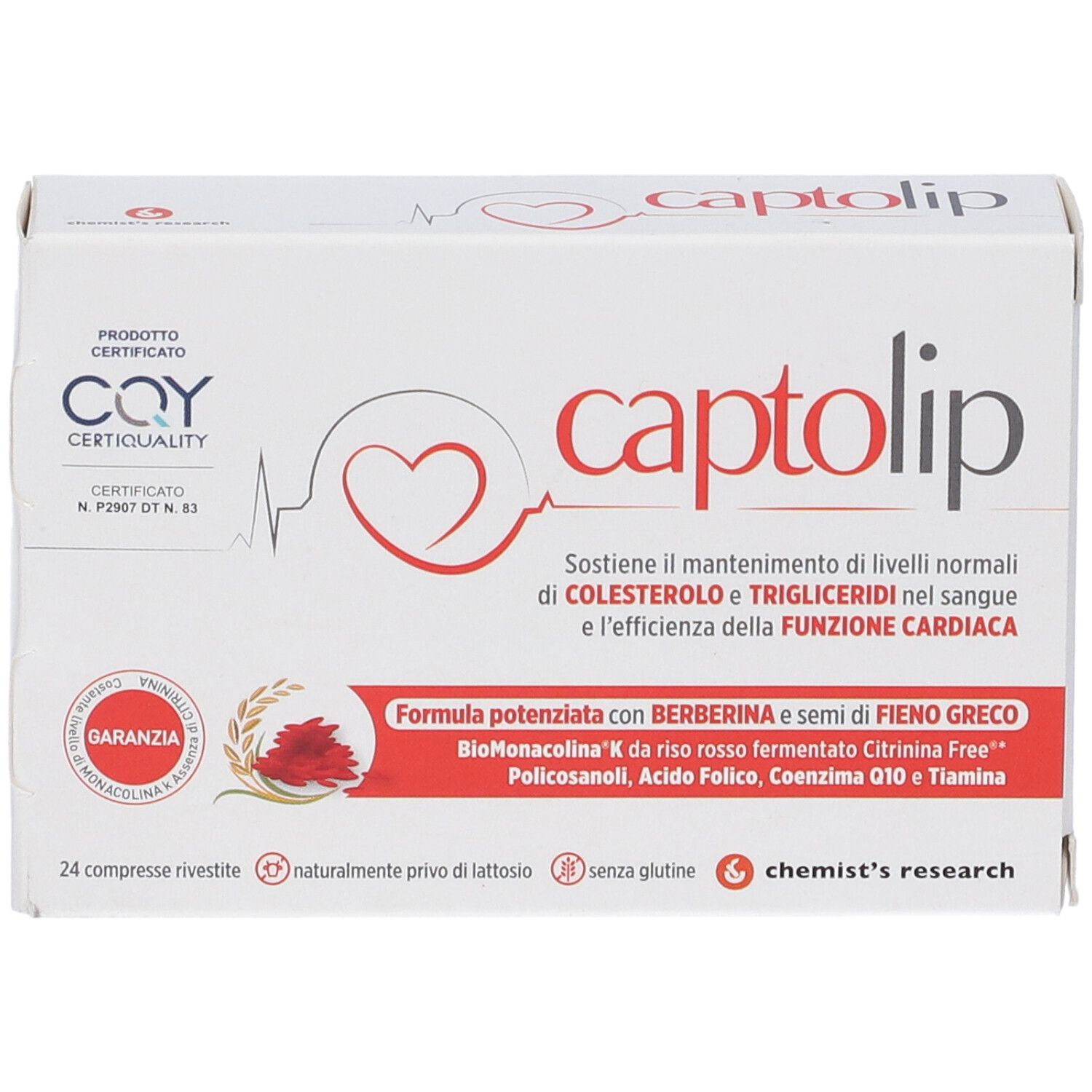 Scatola bianca "captolip" con 24 compresse. Certificata. Vista frontale.