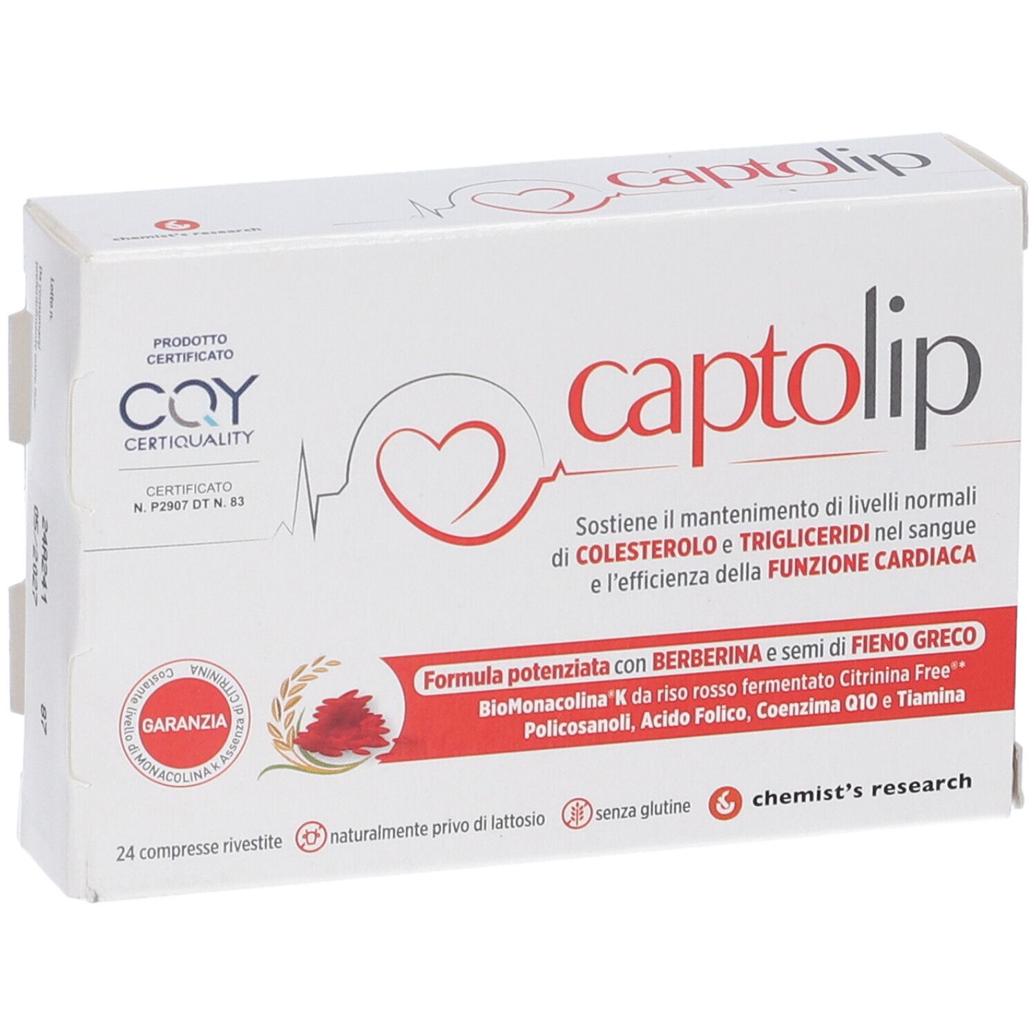 Scatola bianca "captolip" con 24 compresse. Certificata. Vista ravvicinata.