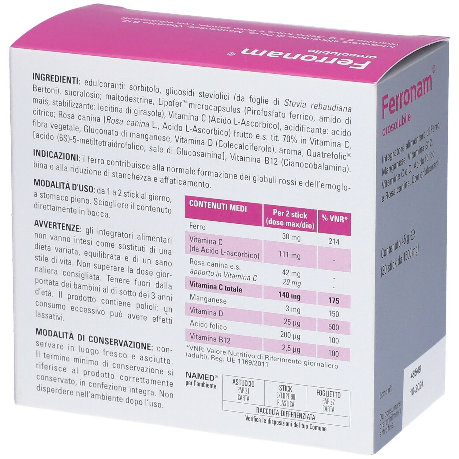 Retro della confezione di Ferronam orosolubile. Contiene ingredienti e informazioni nutrizionali. Marchio: NAMED.