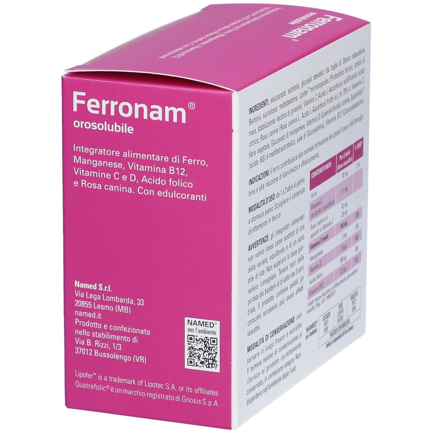 Lato della confezione di Ferronam orosolubile. Contiene informazioni sul produttore. Marchio: NAMED.