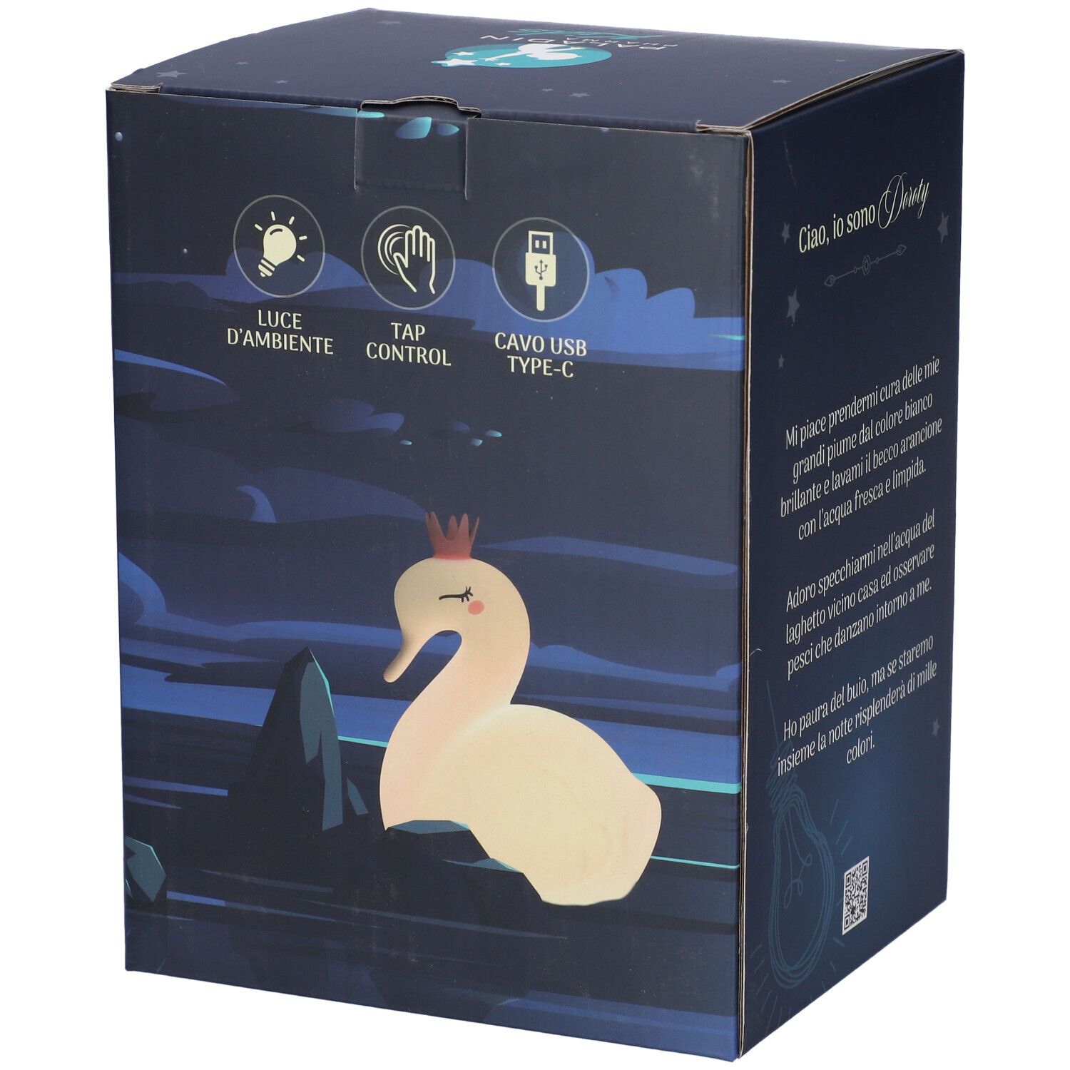 Verpackung einer Schwanen-Nachtlampe mit Tap-Steuerung und USB-C-Anschluss.