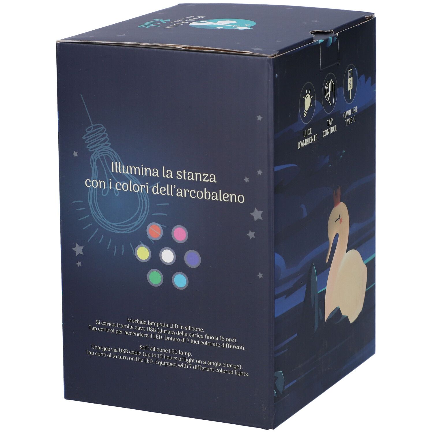 Verpackung einer weichen LED-Lampe in Schwanenform mit Regenbogenfarben und Tap-Steuerung.