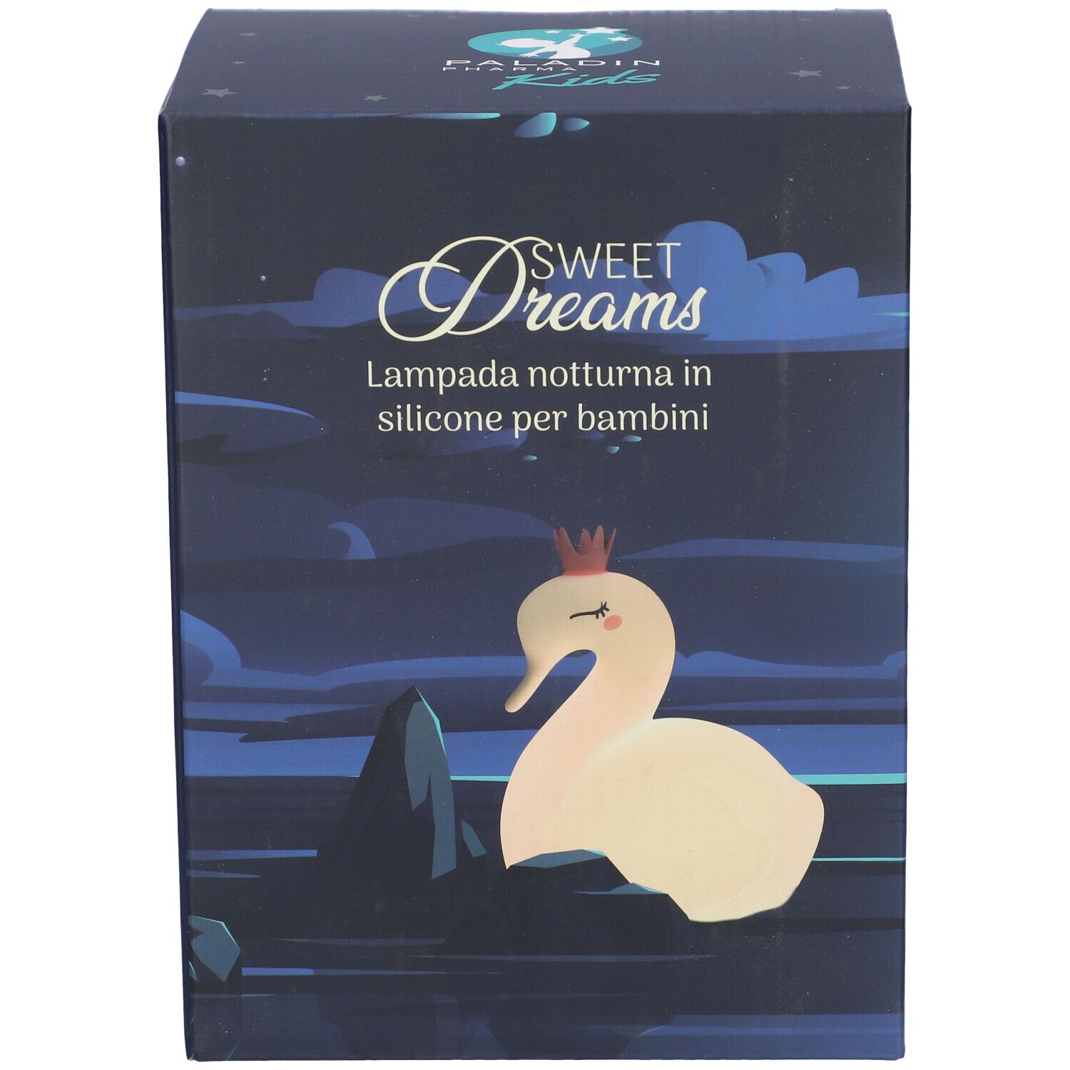 Verpackung für eine "Sweet Dreams" Silikon-Nachtlampe für Kinder in Schwanenform.